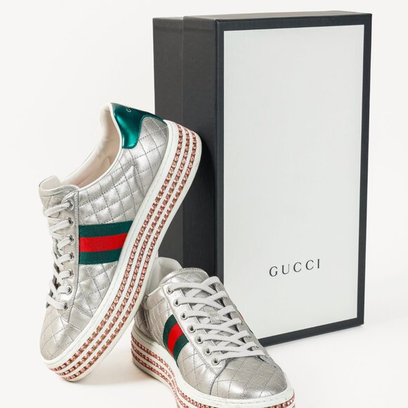 Gucci Ace Silver Quilted-Leather Bee-Webbing Crystal-Platform Sneakers - Picture 14 of 14